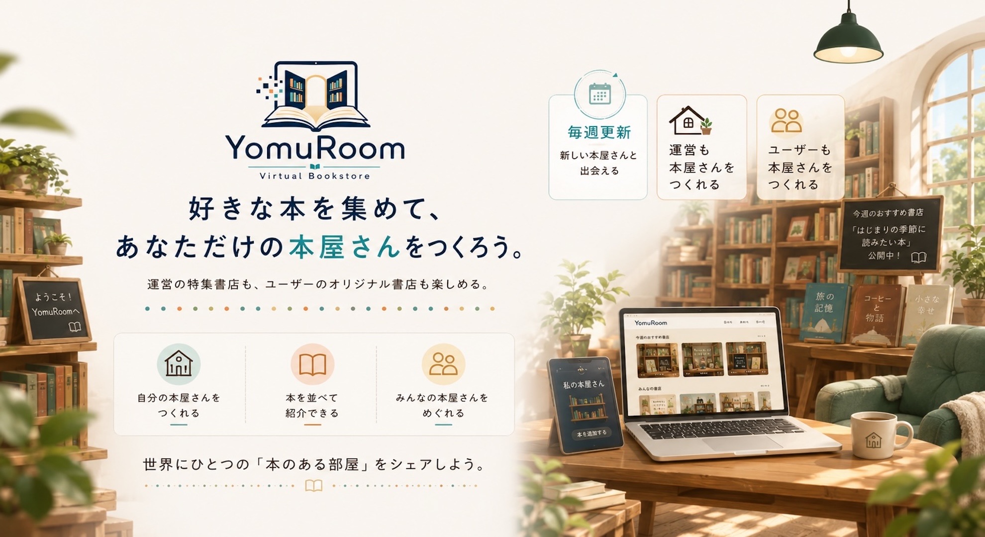 YomuRoom - 好きな本を集めて、あなただけの本屋さんをつくろう。運営の特集書店も、ユーザーのオリジナル書店も楽しめる。
